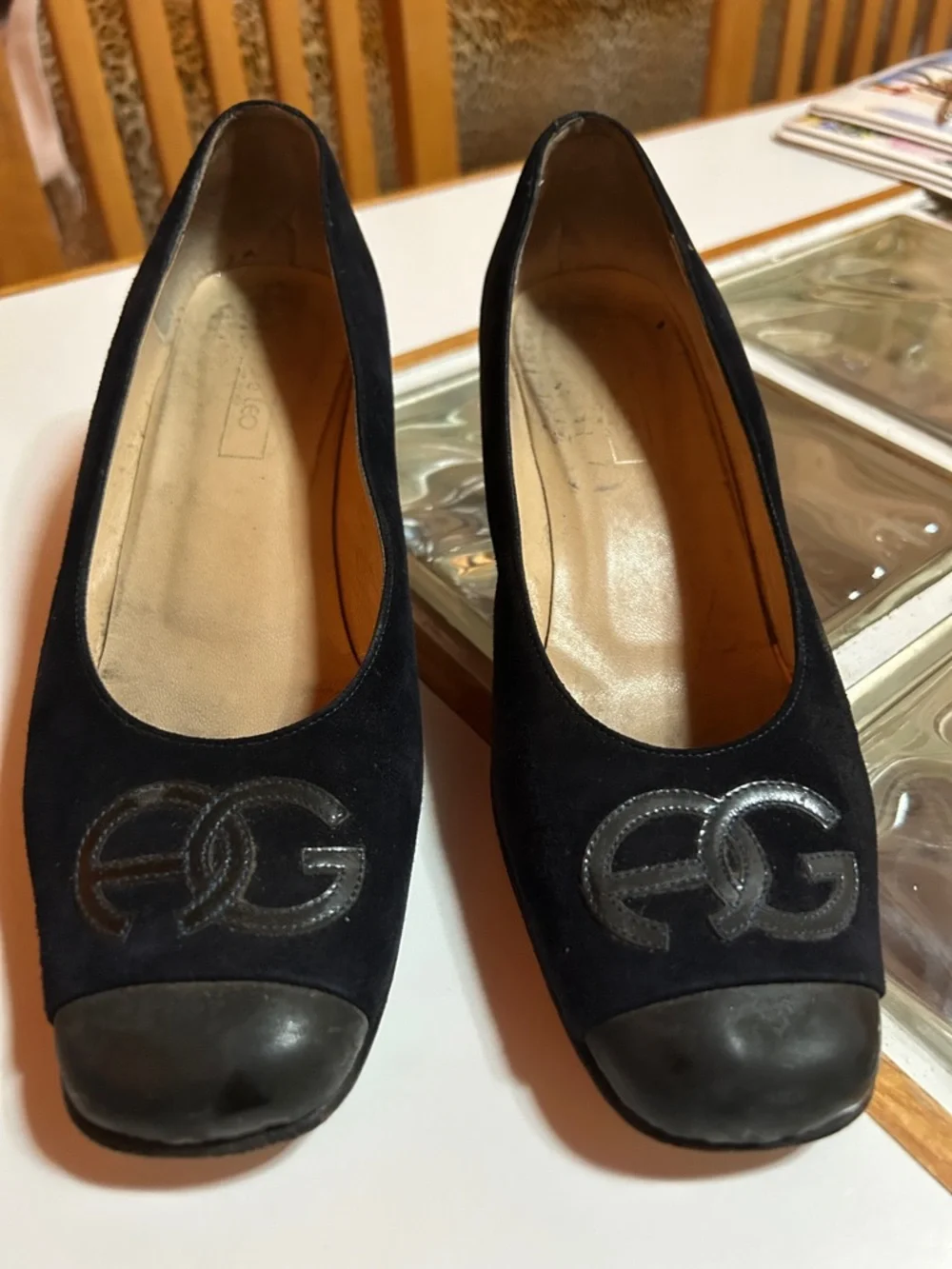 Black Suede Women's Logo Cap-Toe Pumps